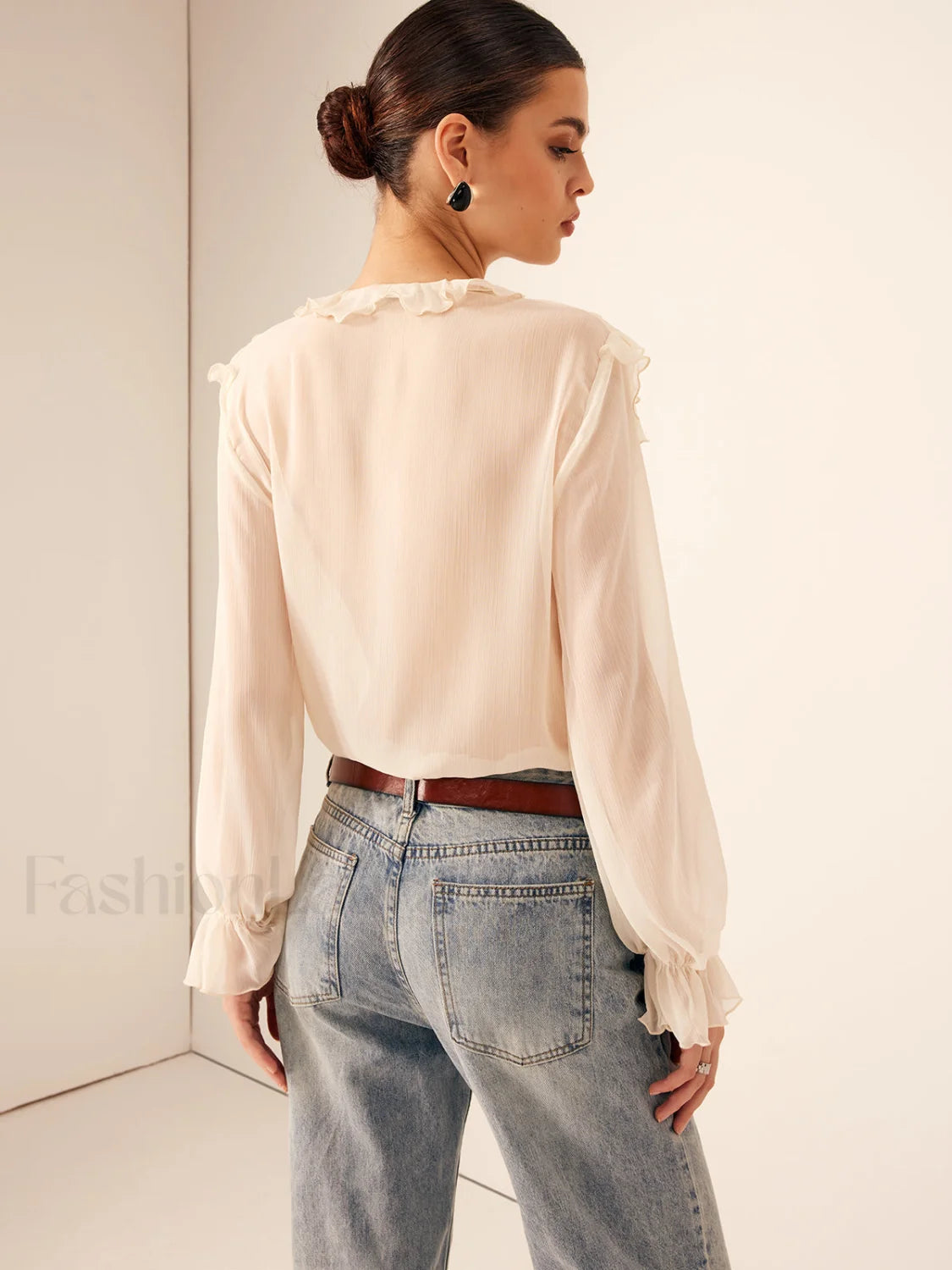 Semi Sheer Ruffle Chiffon Breasted Blouse Blouses