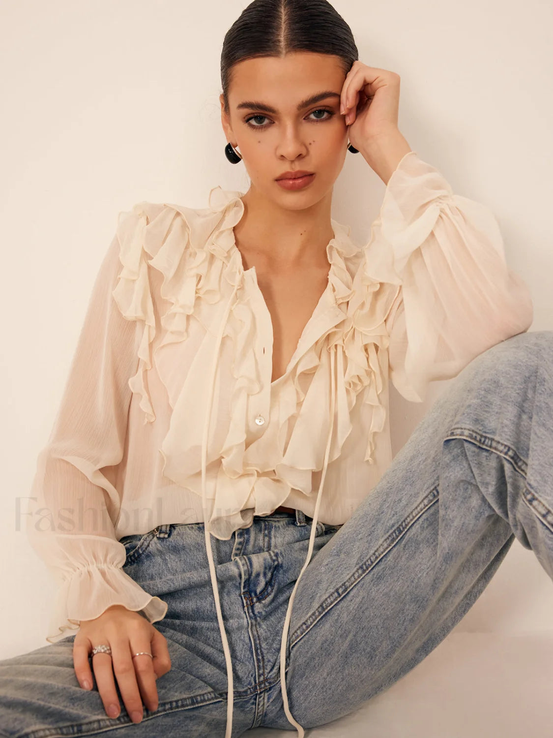 Semi-Sheer Ruffle Chiffon Breasted Blouse Secondary image
