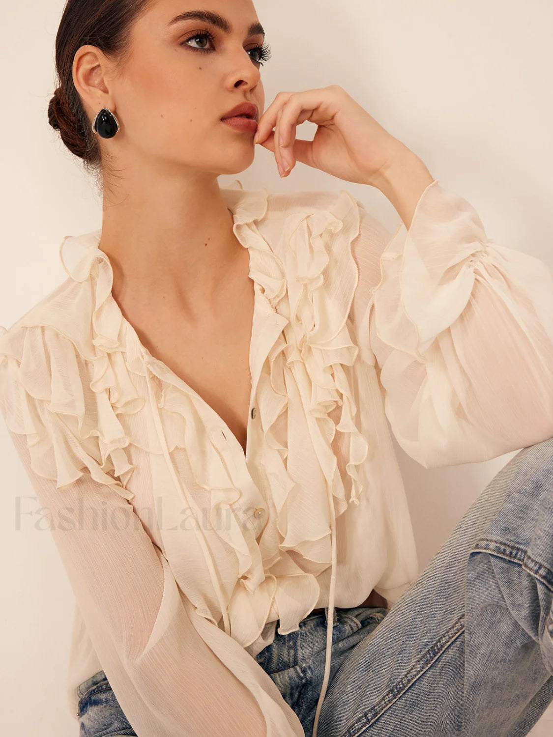 Semi Sheer Ruffle Chiffon Breasted Blouse Blouses