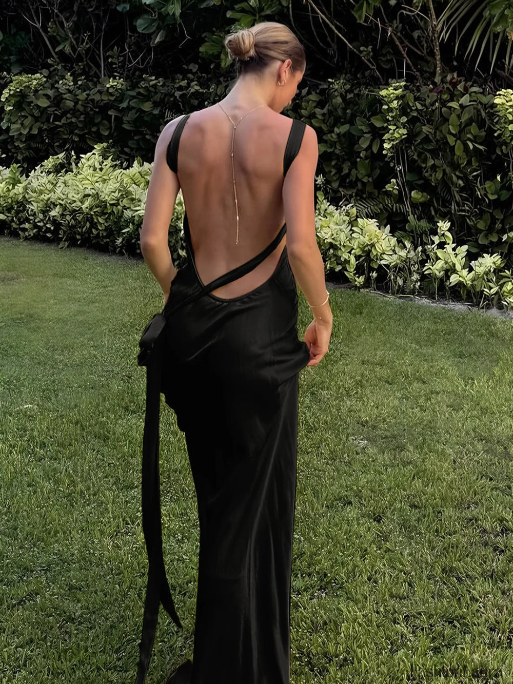 Semi Sheer Satin Asymmetrical One Shoulder Long Dress Black / XS Dresses