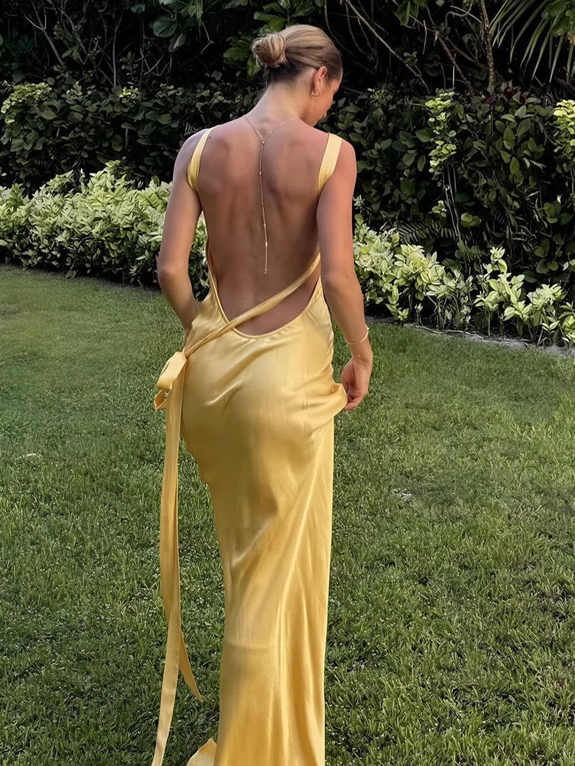 Semi-Sheer Satin Asymmetrical One Shoulder Long Dress Secondary image