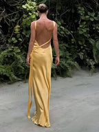 Semi Sheer Satin Asymmetrical One Shoulder Long Dress Dresses