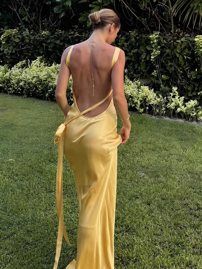 Semi Sheer Satin Asymmetrical One Shoulder Long Dress Yellow / XS Dresses Main image