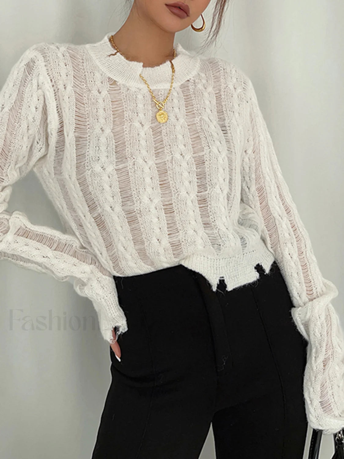 Semi Sheer Snowflake Crochet Knit Shirt White / XS Knit Tops Main image