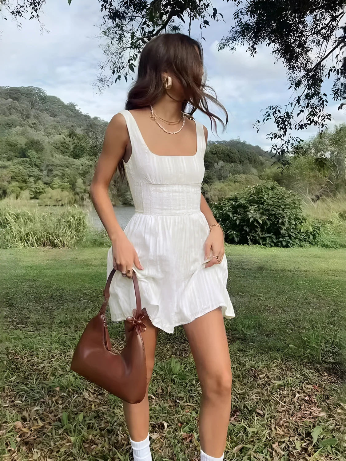 Semi Sheer Solid Square Neckline Short Dress Dresses