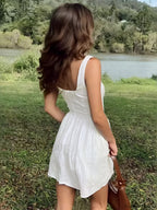 Semi Sheer Solid Square Neckline Short Dress Dresses