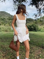 Semi Sheer Solid Square Neckline Short Dress Dresses