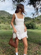 Semi Sheer Solid Square Neckline Short Dress Dresses