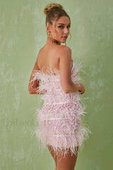 Senara Strapless Sequin Charming Feather Mini Dress