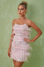 Senara Strapless Sequin Charming Feather Mini Dress XS / Pink