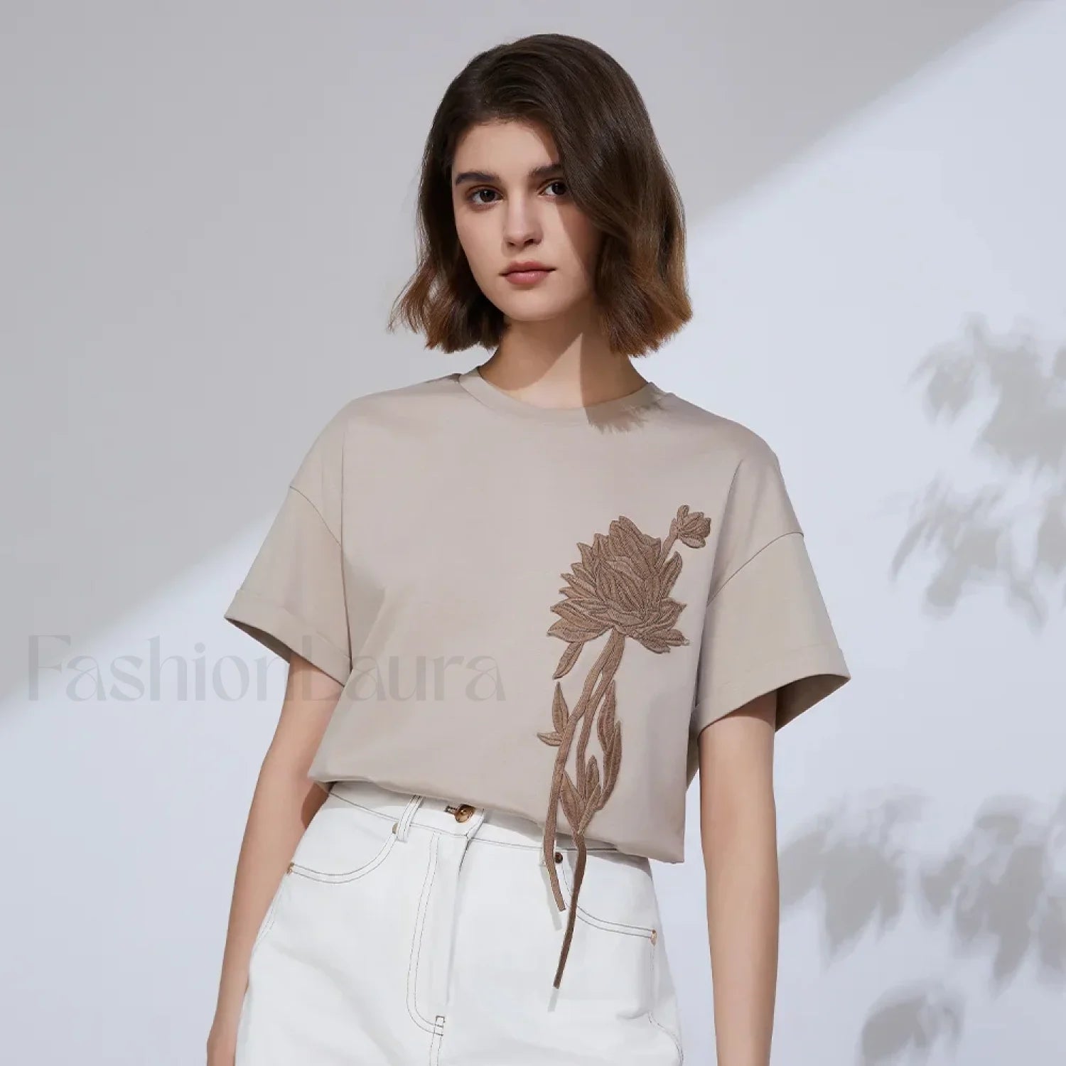 Sequin Cotton Lyocell Slim T Shirt Light coffee / S