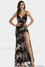 Sequin Halter Backless Charming Split Cocktail Dress S / Black