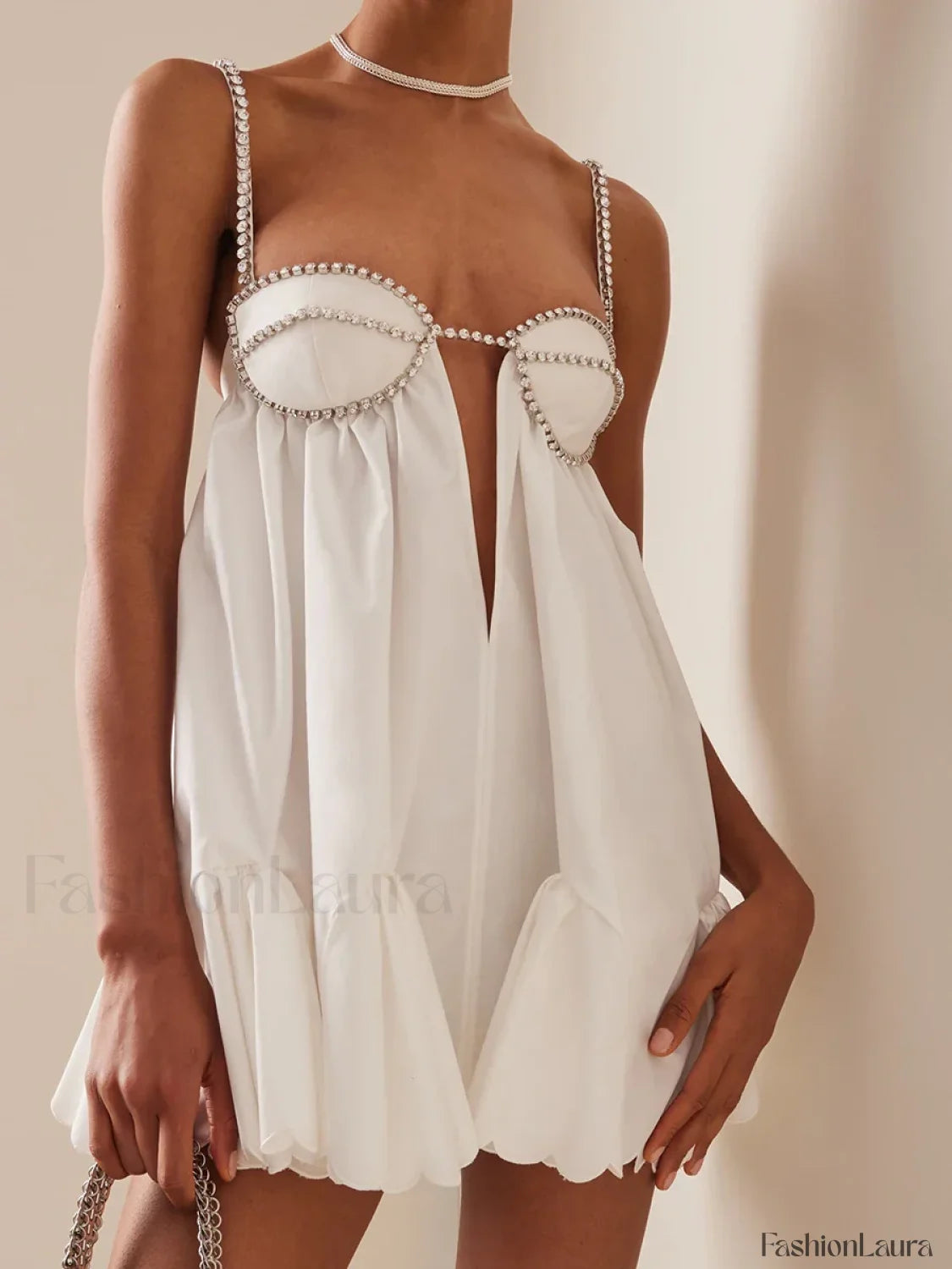 Sequin Hollow Back Mini Dress Ivory / S