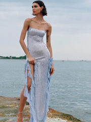 Sequin Ruffle Flower Strap Maxi Dress
