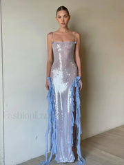 Sequin Ruffle Flower Strap Maxi Dress blue / S