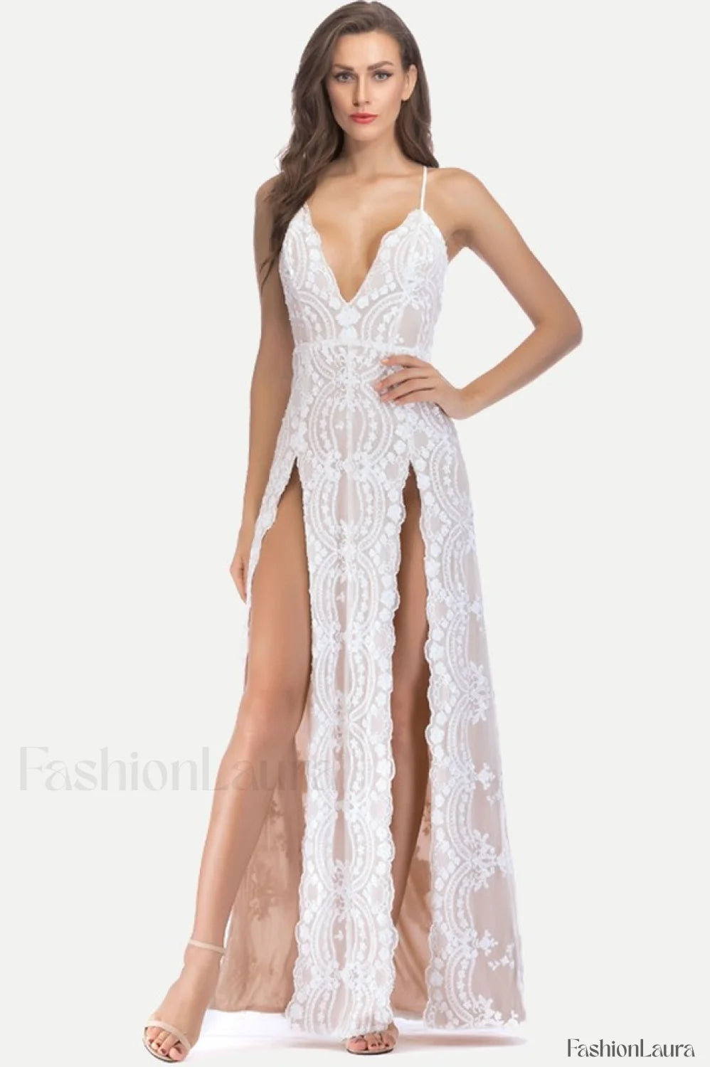 Sequin Slit Glitter Charming Maxi Evening Party Dress S / White