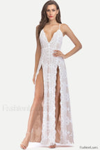 Sequin Slit Glitter Charming Maxi Evening Party Dress S / White