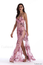 Sequined Sling Stylish Backless Split Dress