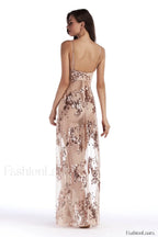 Sequined Sling Stylish Backless Split Dress S / Apricot