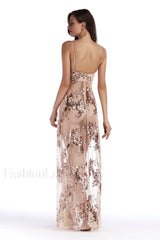 Sequined Sling Stylish Backless Split Dress S / Apricot