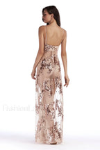 Sequined Sling Stylish Backless Split Dress S / Apricot
