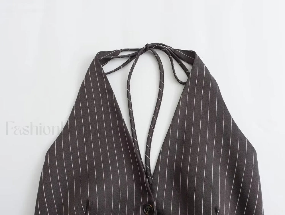 Sexy Backless Bow Tie Striped Print Short Blouse Crop Top