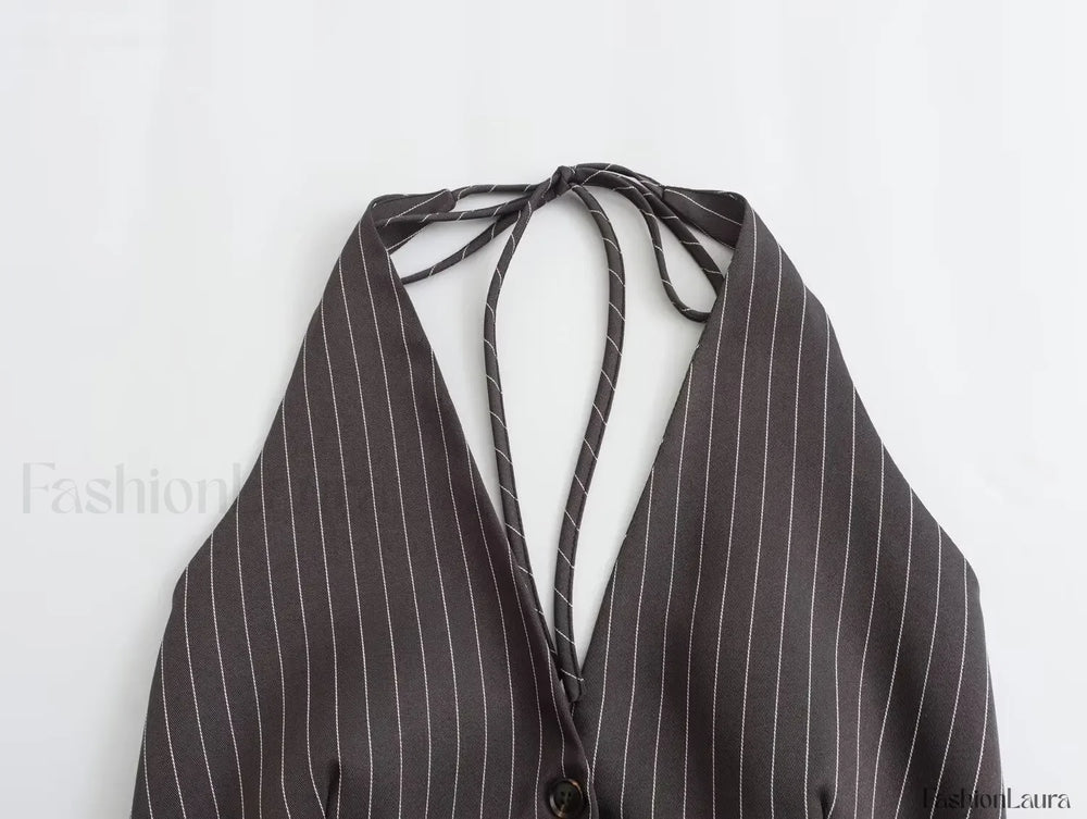 Sexy Backless Bow Tie Striped Print Short Blouse Crop Top