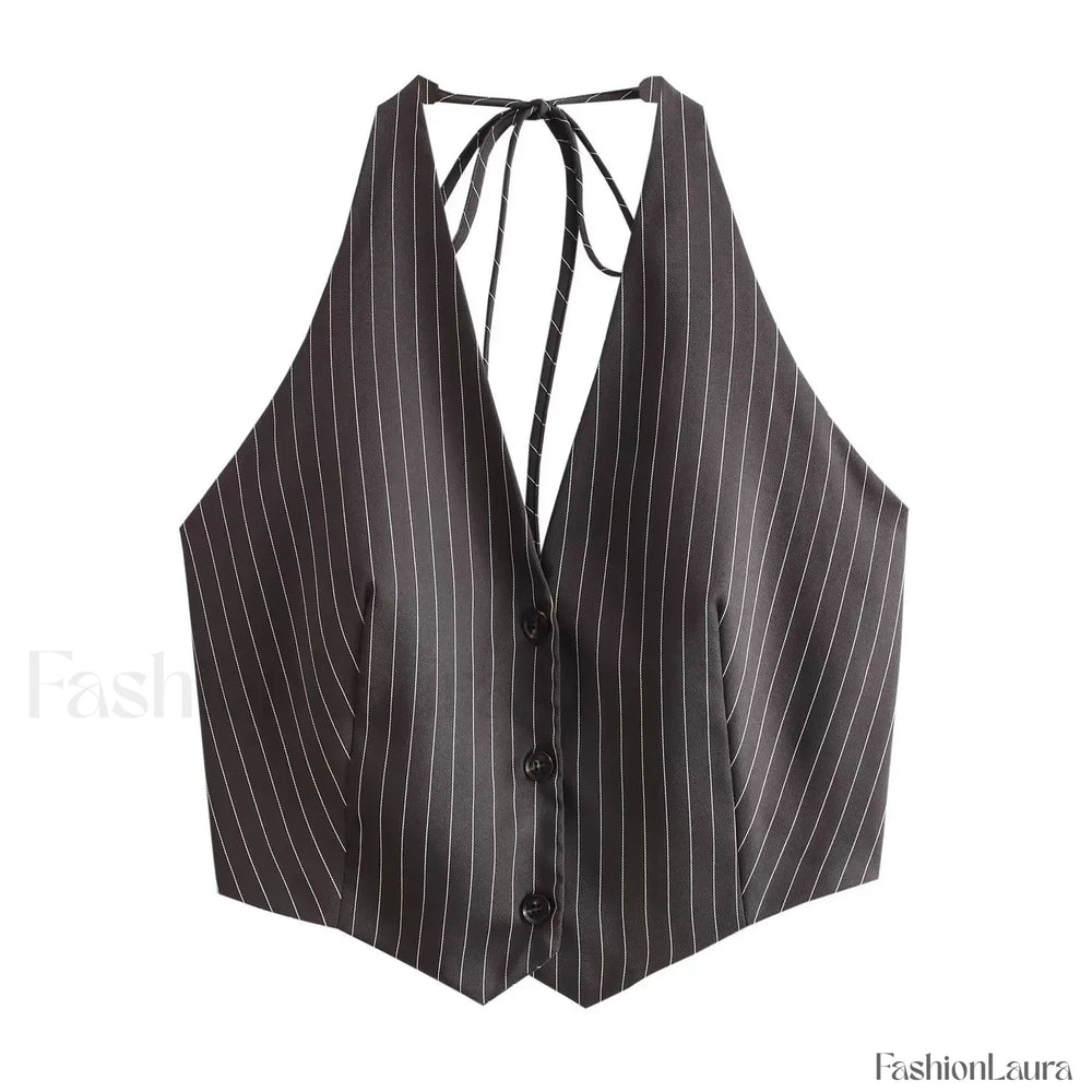 Sexy Backless Bow Tie Striped Print Short Blouse Crop Top GRAY / S