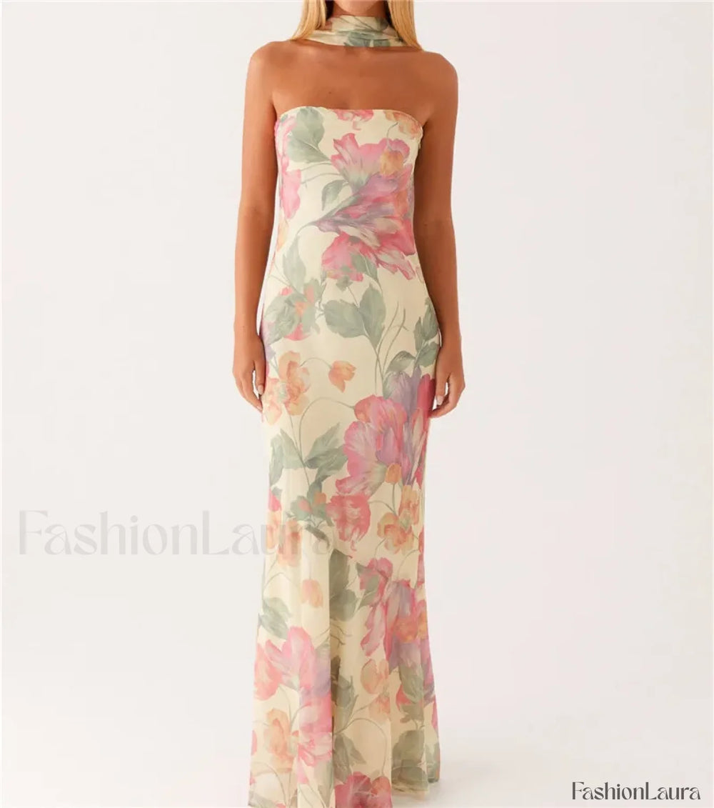Sexy Backless Mesh Floral Dress beige / S