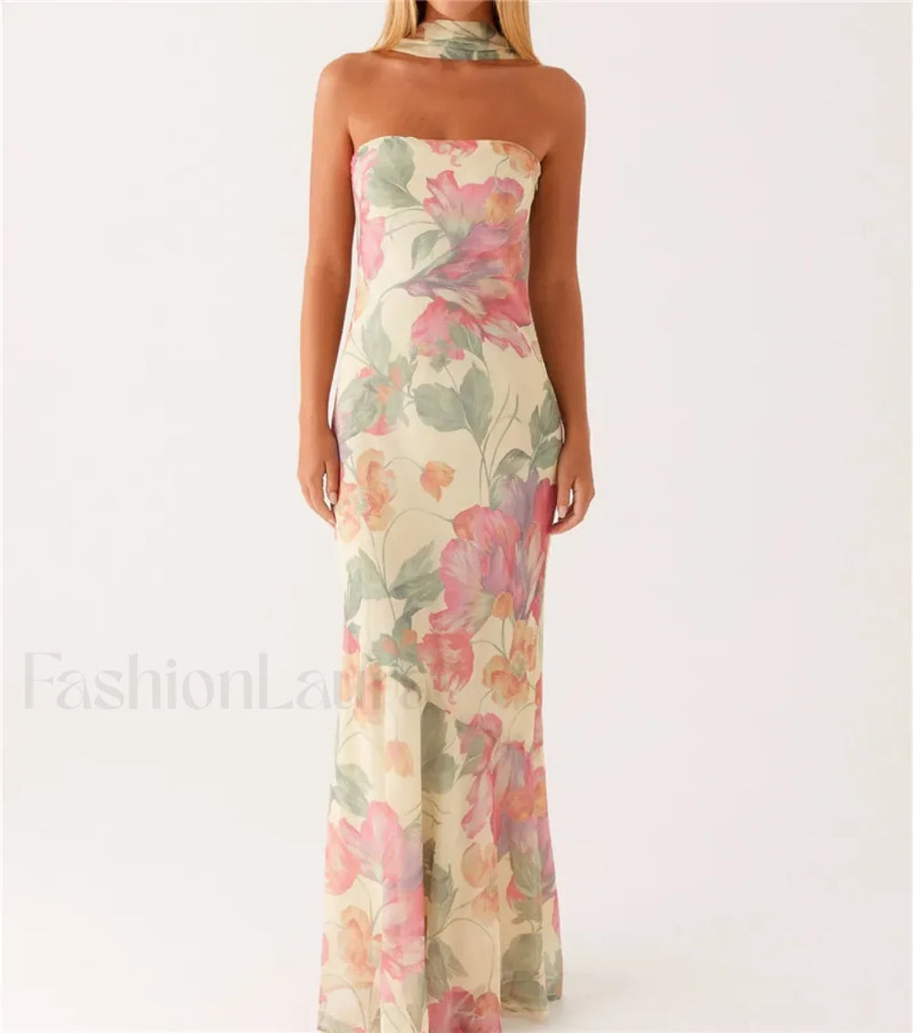 Sexy Backless Mesh Floral Dress beige / S