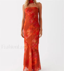 Sexy Backless Mesh Floral Dress orange / S