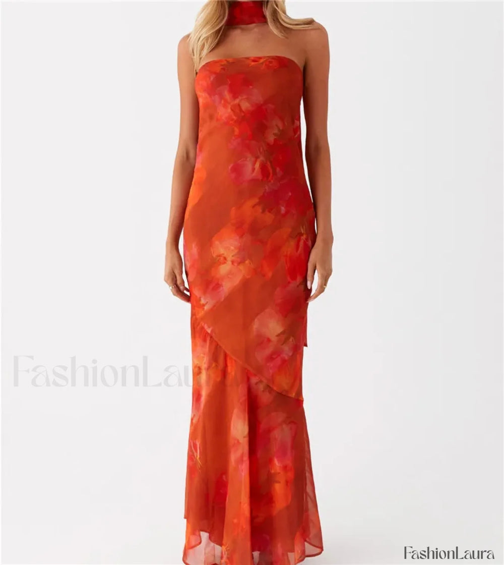 Sexy Backless Mesh Floral Dress orange / S