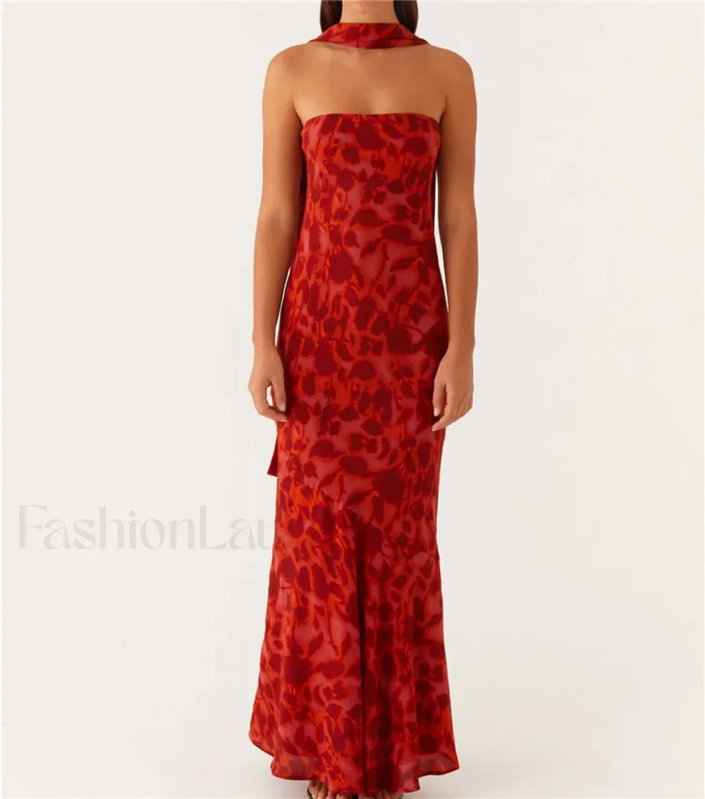 Sexy Backless Mesh Floral Dress red / S