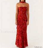 Sexy Backless Mesh Floral Dress red / S
