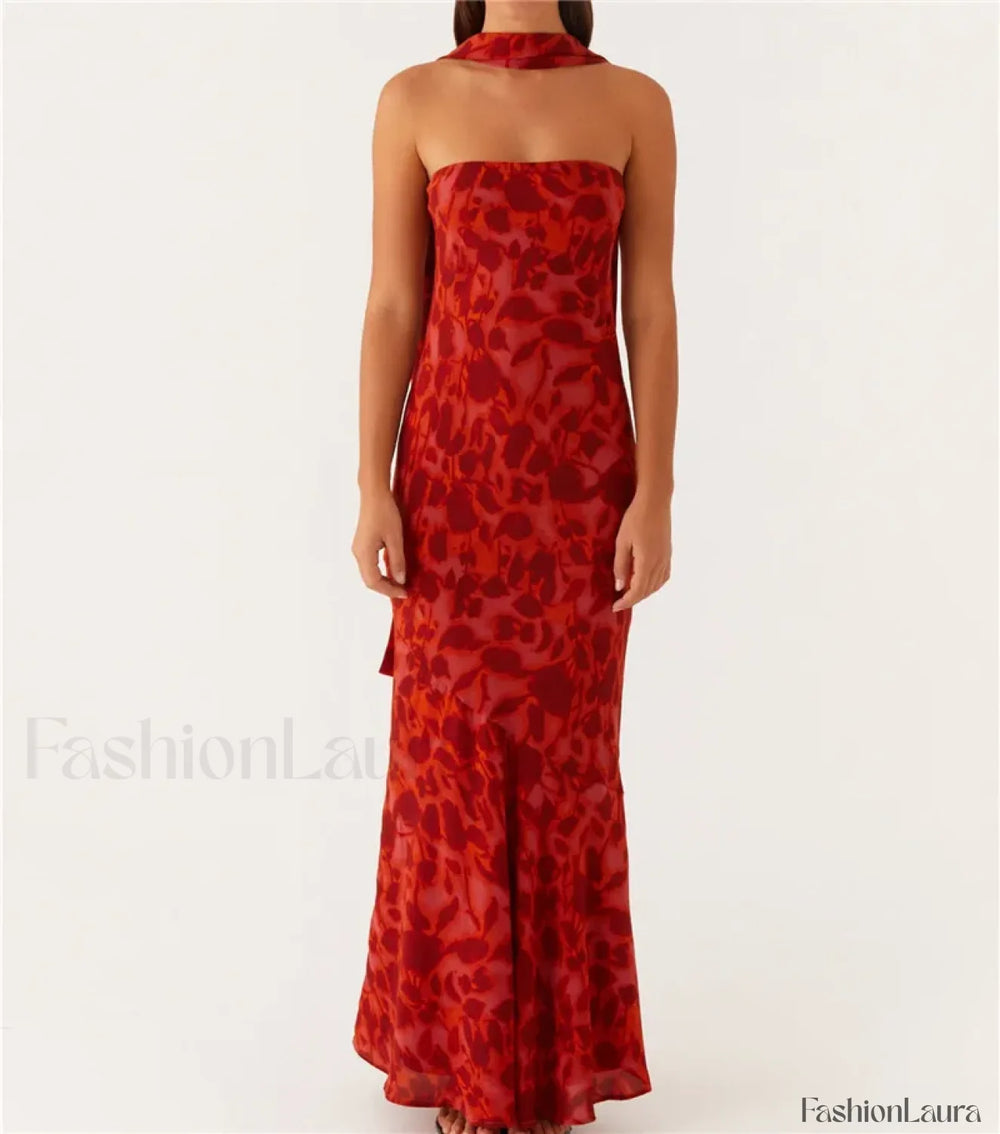 Sexy Backless Mesh Floral Dress red / S