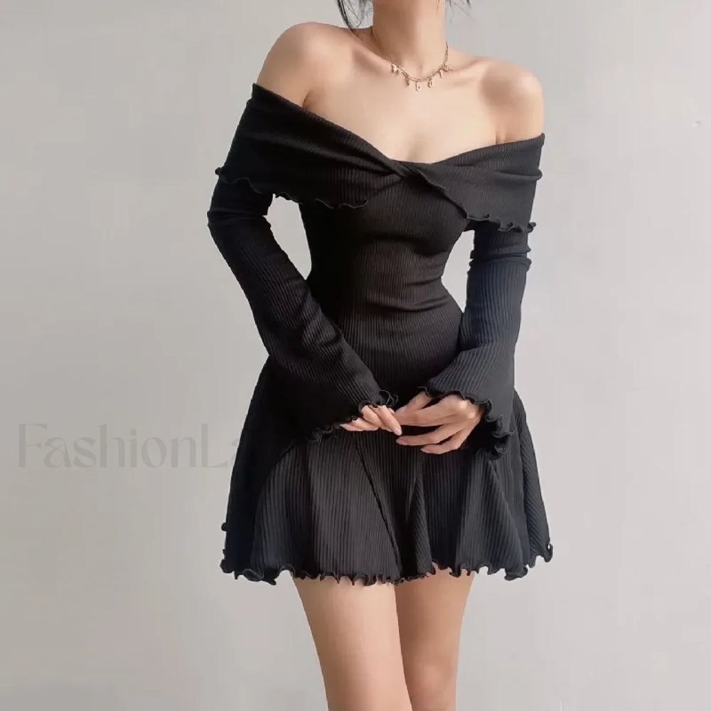 Sexy Black Autumn Strapless Off Shoulder Knitting Mini Club Party A Line Dress