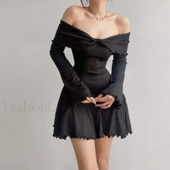 Sexy Black Autumn Strapless Off Shoulder Knitting Mini Club Party A Line Dress