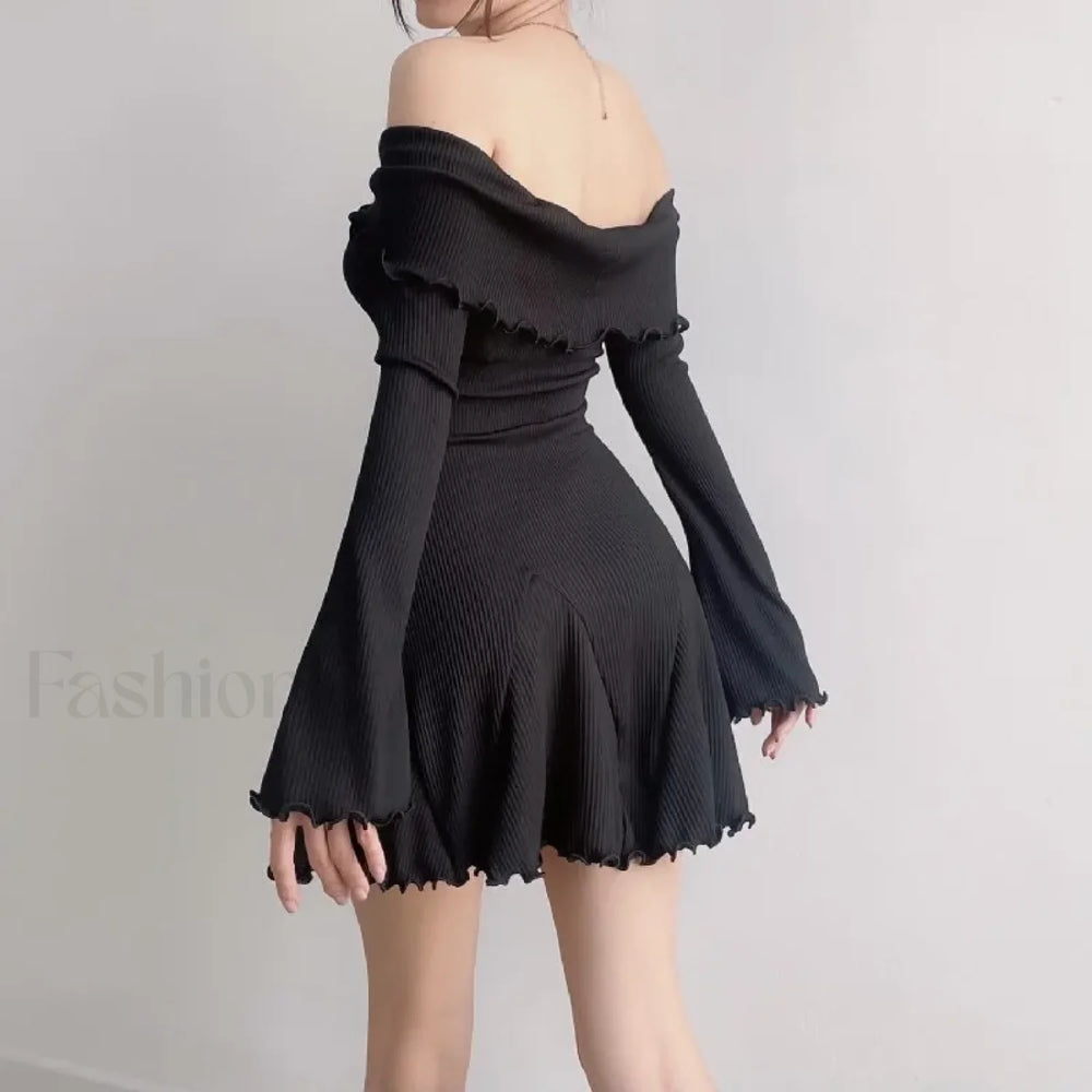 Sexy Black Autumn Strapless Off Shoulder Knitting Mini Club Party A Line Dress