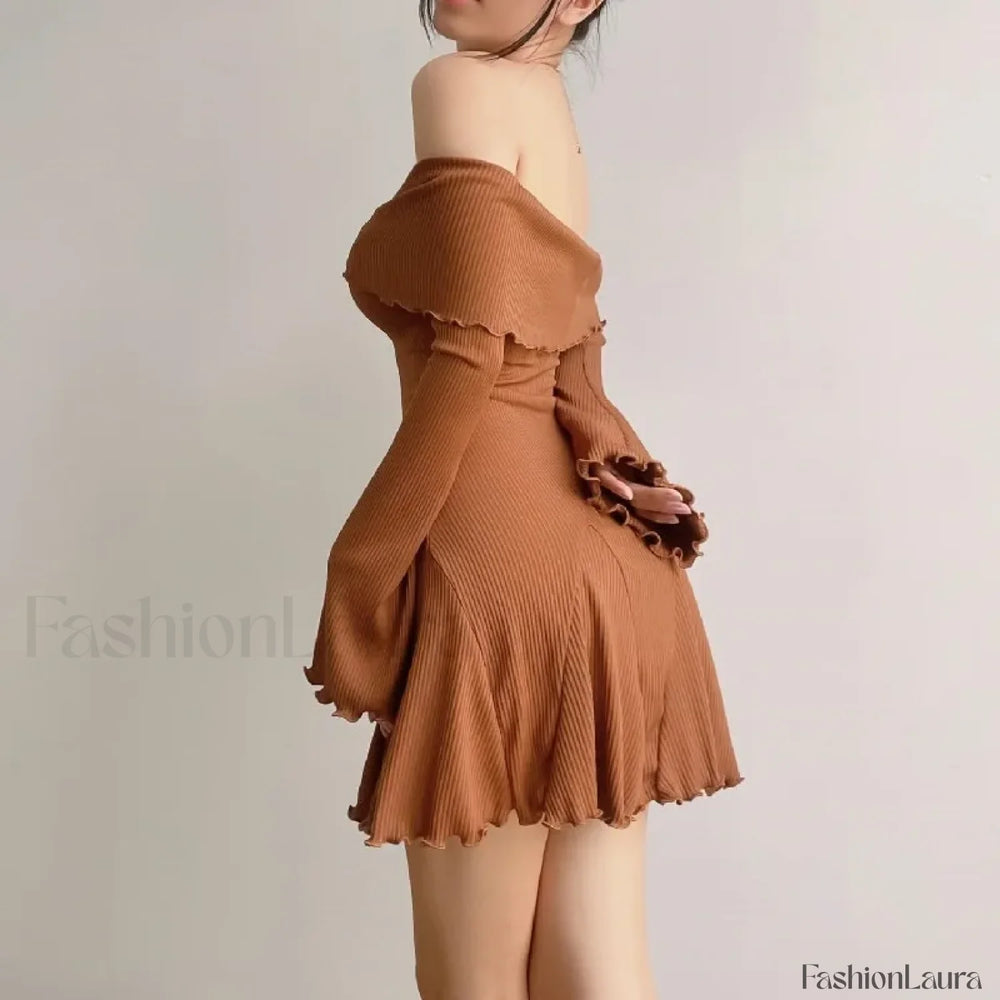 Sexy Black Autumn Strapless Off Shoulder Knitting Mini Club Party A Line Dress