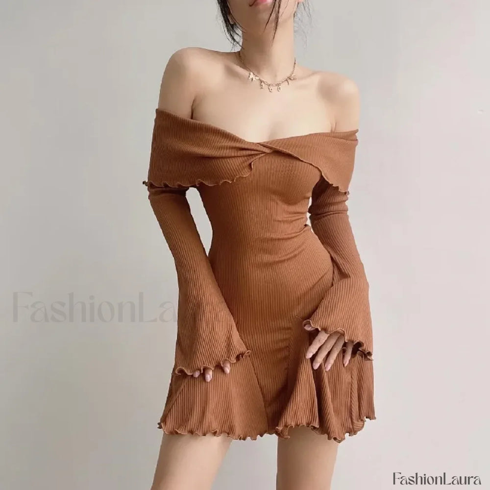 Sexy Black Autumn Strapless Off Shoulder Knitting Mini Club Party A Line Dress