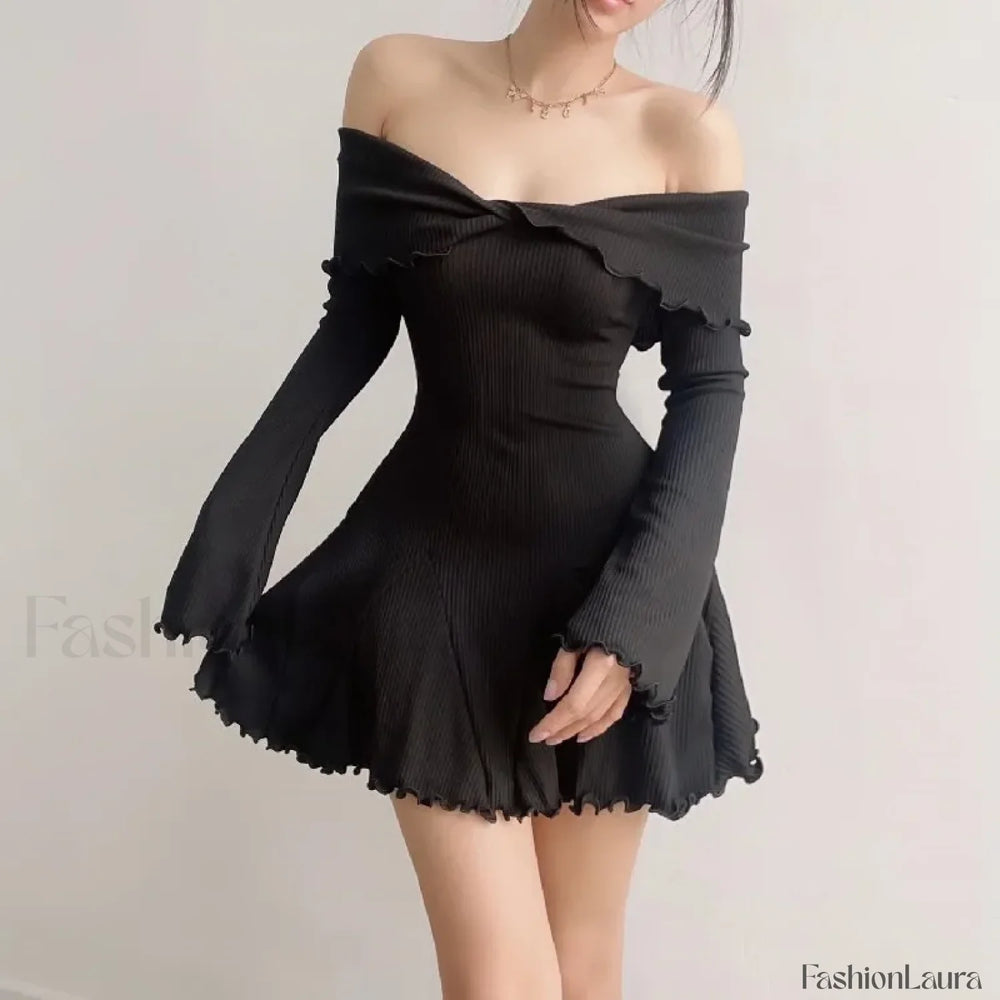Sexy Black Autumn Strapless Off Shoulder Knitting Mini Club Party A Line Dress Black / S