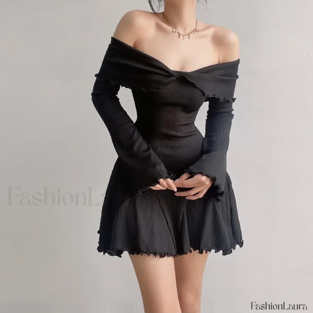 Sexy Black Autumn Strapless Off Shoulder Knitting Mini Club Party A Line Dress