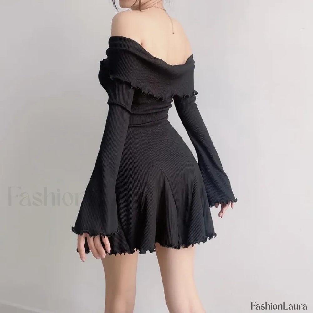 Sexy Black Autumn Strapless Off Shoulder Knitting Mini Club Party A Line Dress