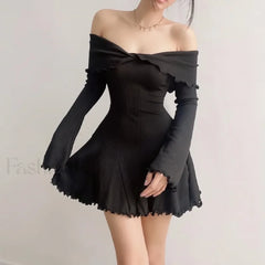 Sexy Black Autumn Strapless Off Shoulder Knitting Mini Club Party A Line Dress Black / S