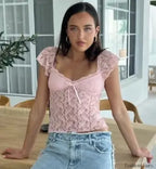 Sexy Cap Sleeve Lace Crop Top T Shirt Pink / S