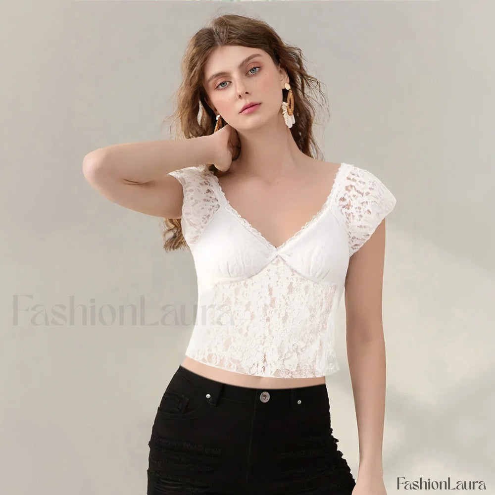 Sexy Cap Sleeve Lace Crop Top T Shirt WHITE / S