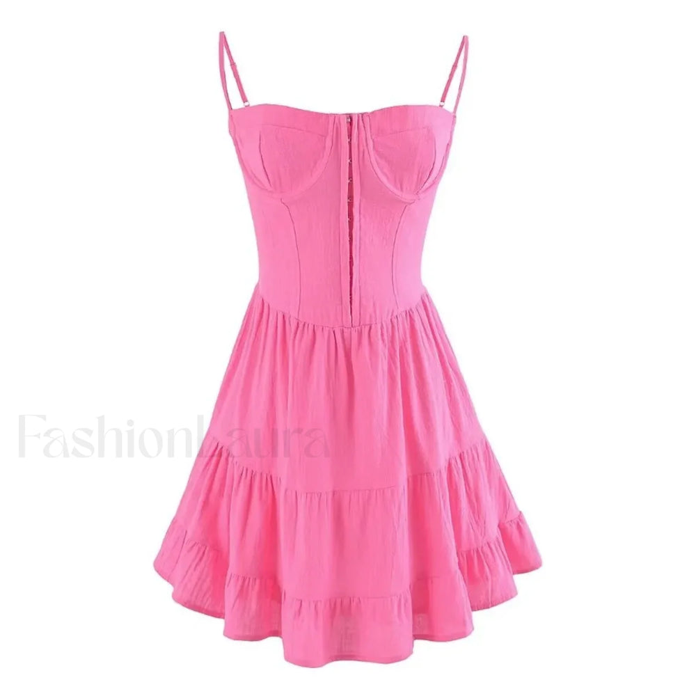 Sexy Deep V neck Striped Women’s 2024 New Waist Lace up Ruffle Edge Skinny Mini Dress Rose Red / S
