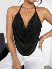 Sexy Draped Front Backless Black Cami Crop Top