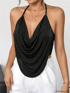 Sexy Draped Front Backless Black Cami Crop Top Black / S