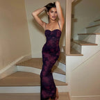 Sexy Elegant Spaghetti Strap Floral Dress Purple / S